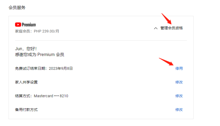 YouTube Premium 取消界面